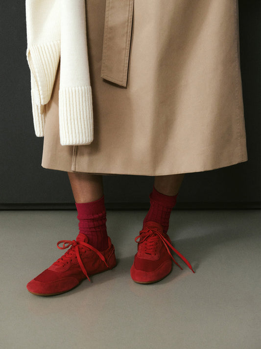 Red Contrast Faux Suede And Cloth Round-Toe Lace-Up Elastic Back Sneakers Flats