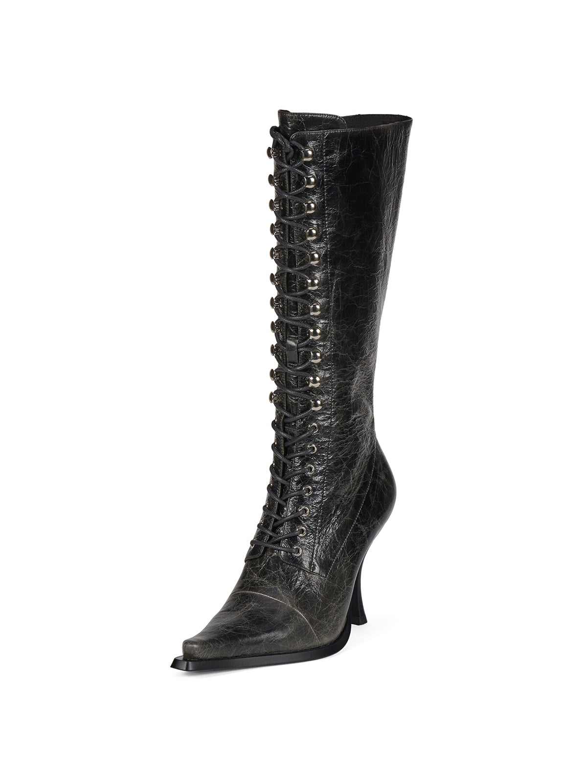 Dark Gray Crinkle Pointed-Toe Front Lace-Up And Full-Zip Knee High Stiletto Boots