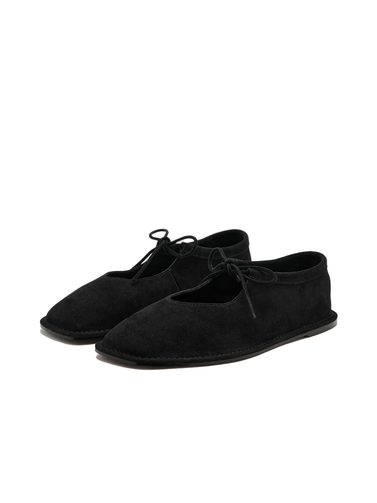 Black Faux suede Square-Toe Slip-On Flats With Bow