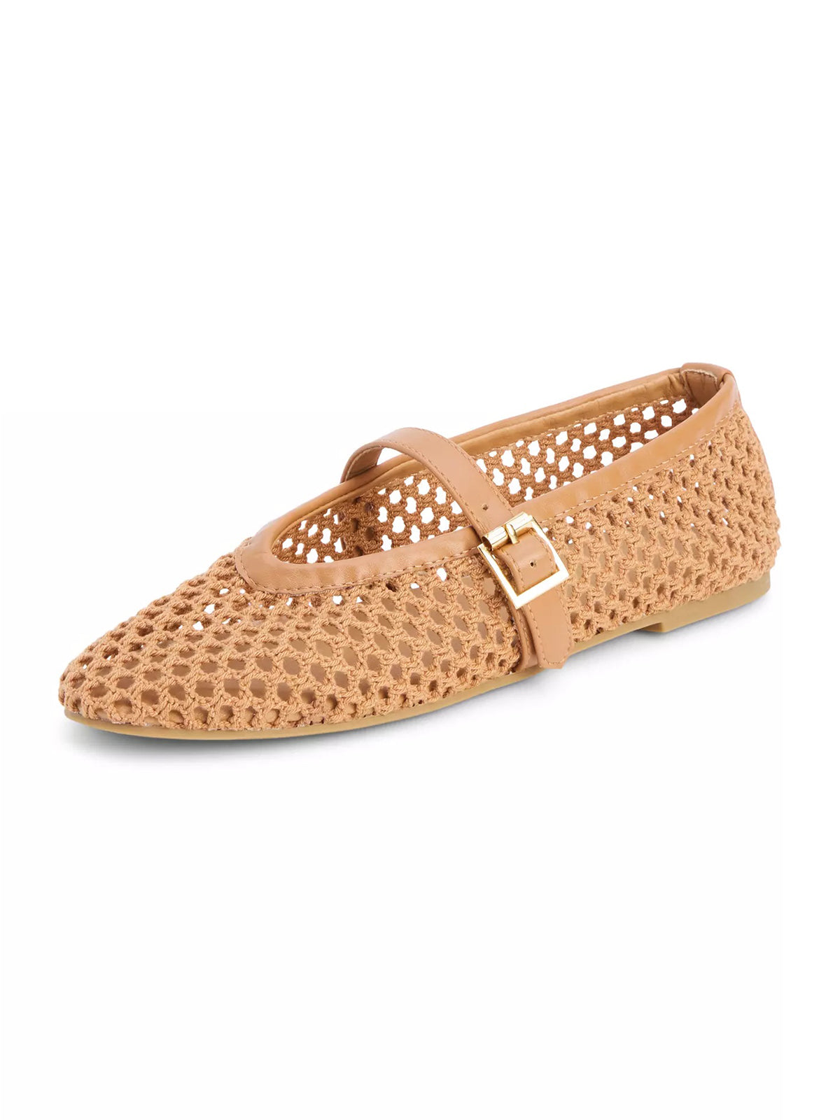 Tan Grass Woven Round-Toe Buckle Mary Jane Chic Flats