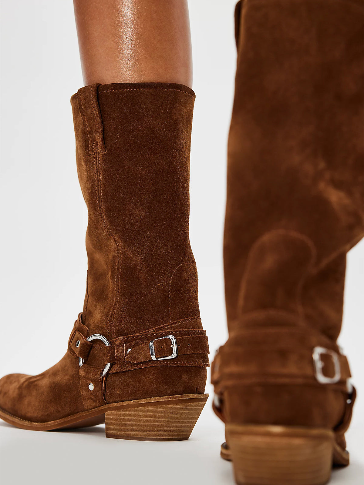 Coffee Faux Suede Square-Toe Ankle Buckle Straps Mid Calf Cowgirl Boots