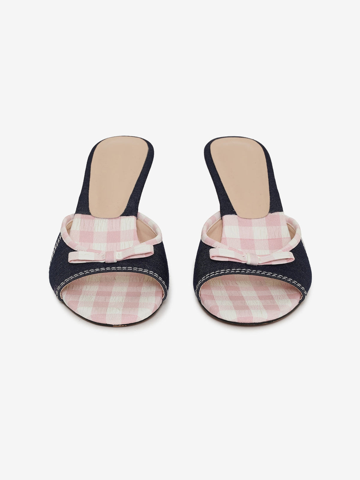 Navy Denim And Gingham Round-Toe Bow Kitten Heels