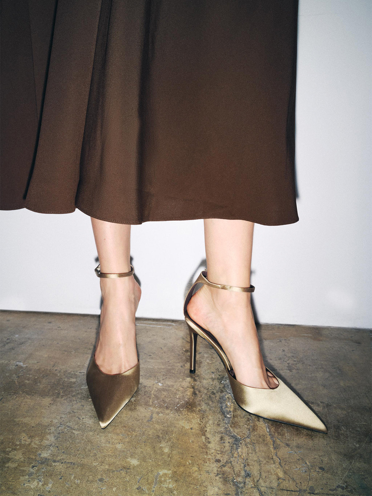 Green Satin Pointed-Toe Ankle Strap Simple High Heels