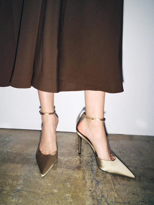 Green Satin Pointed-Toe Ankle Strap Simple High Heels