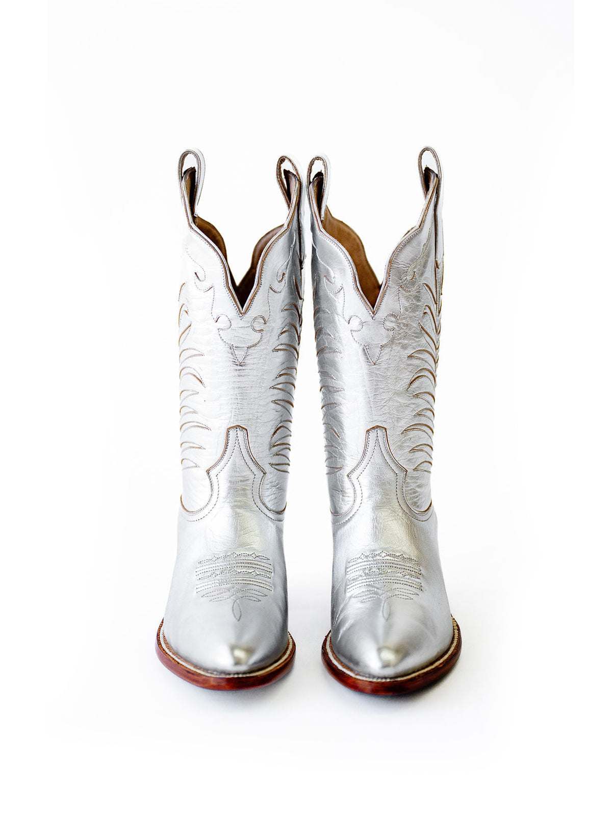 Metallic Silver Almond-Toe Inlay Applique Mid Calf Cowgirl Boots