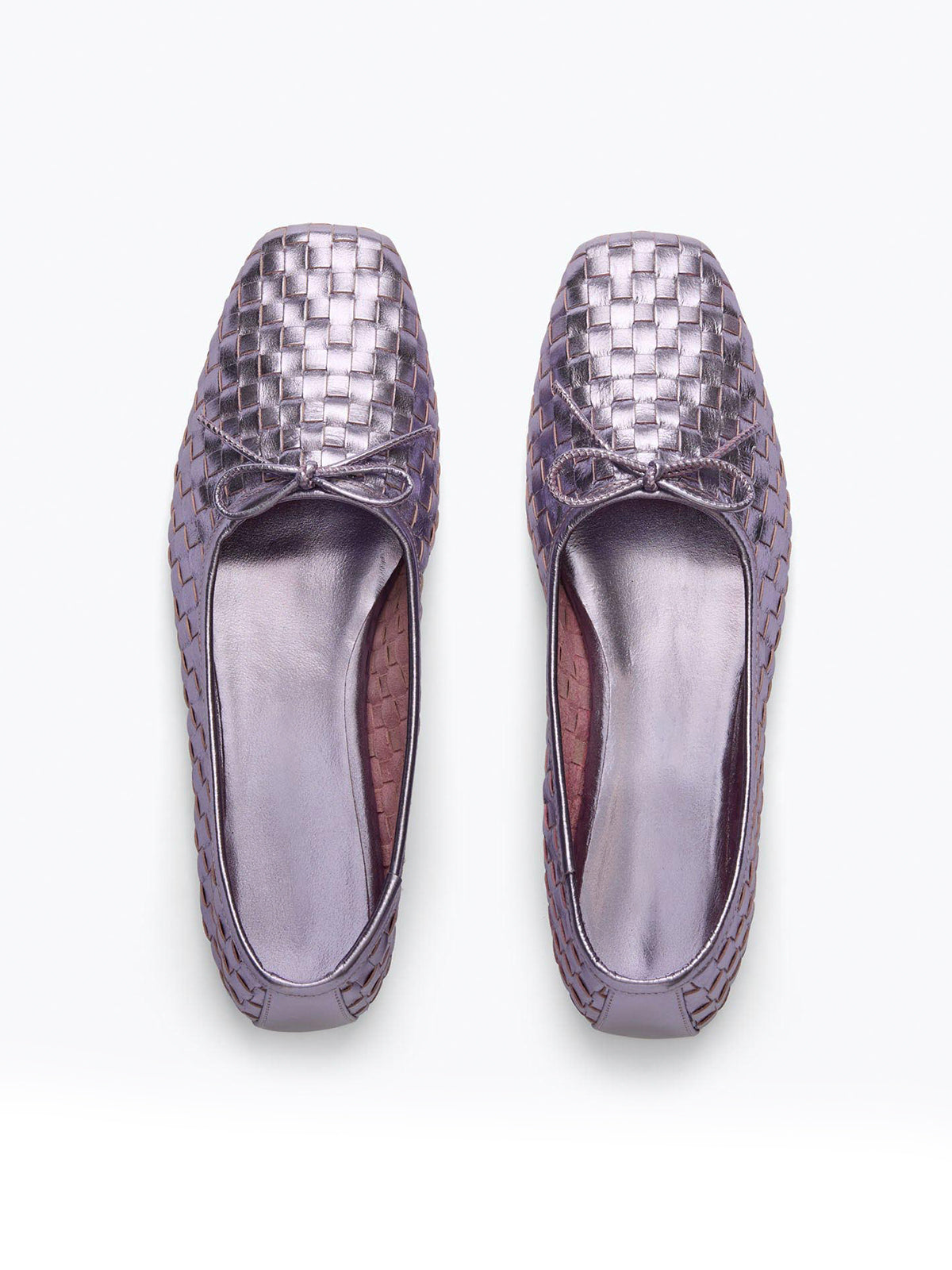 Vegan Leather Woven Square-Toe Bow Ballet Flats - Metallic Purple