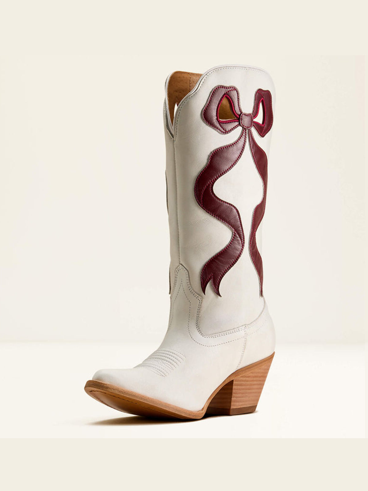 Ivory Almond-Toe Maroon Side Big Bow Applique Mid Calf Cowgirl Boots