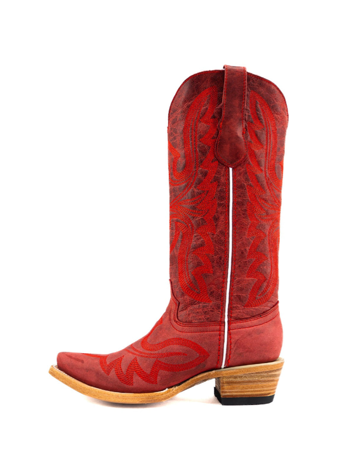 Snip-Toe Sleek Embroidery Mid Calf Cowgirl Boots For Woman - Distressed Red