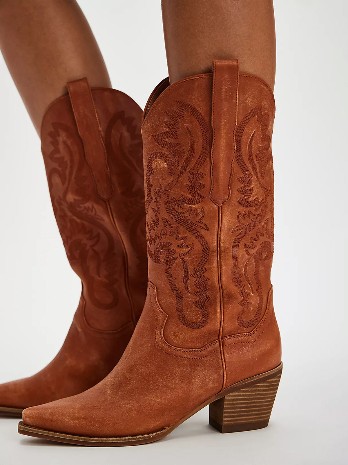 Distressed Tan Snip-Toe Western Embroidery Mid Calf Cowgirl Boots