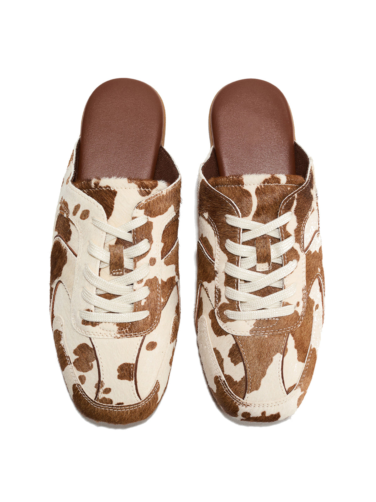 Cow Print Pony Hair Vegan Leather Square-Toe Lace-Up Backless Flats