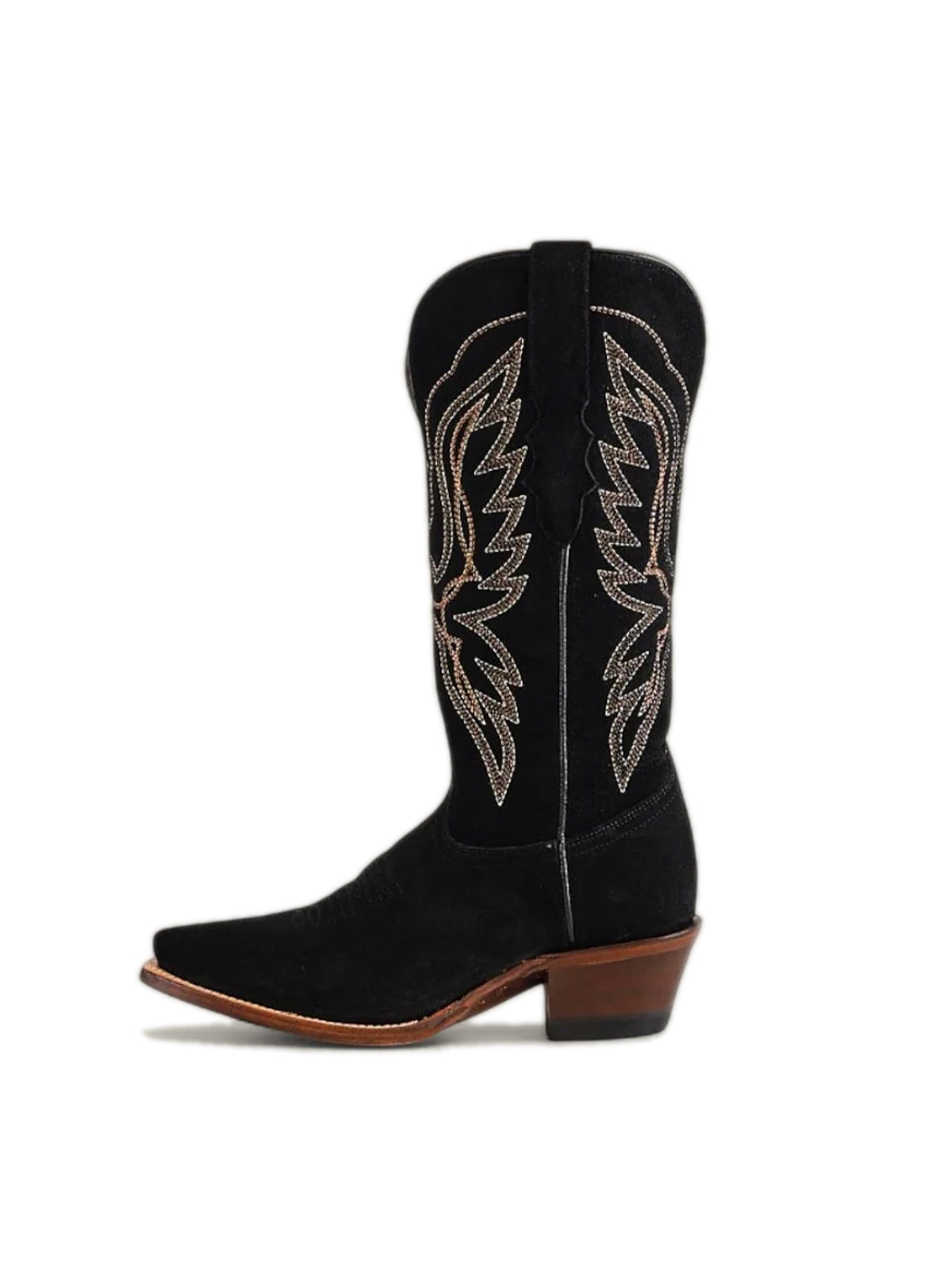 Tall Knee High Snip-Toe Embroidery Wide Calf Cowgirl Boots - Black Faux Suede
