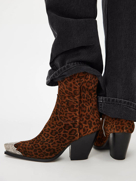 Metal Snip-Toe Full-Zip Classic Cowgirl Ankle Boots - Leopard