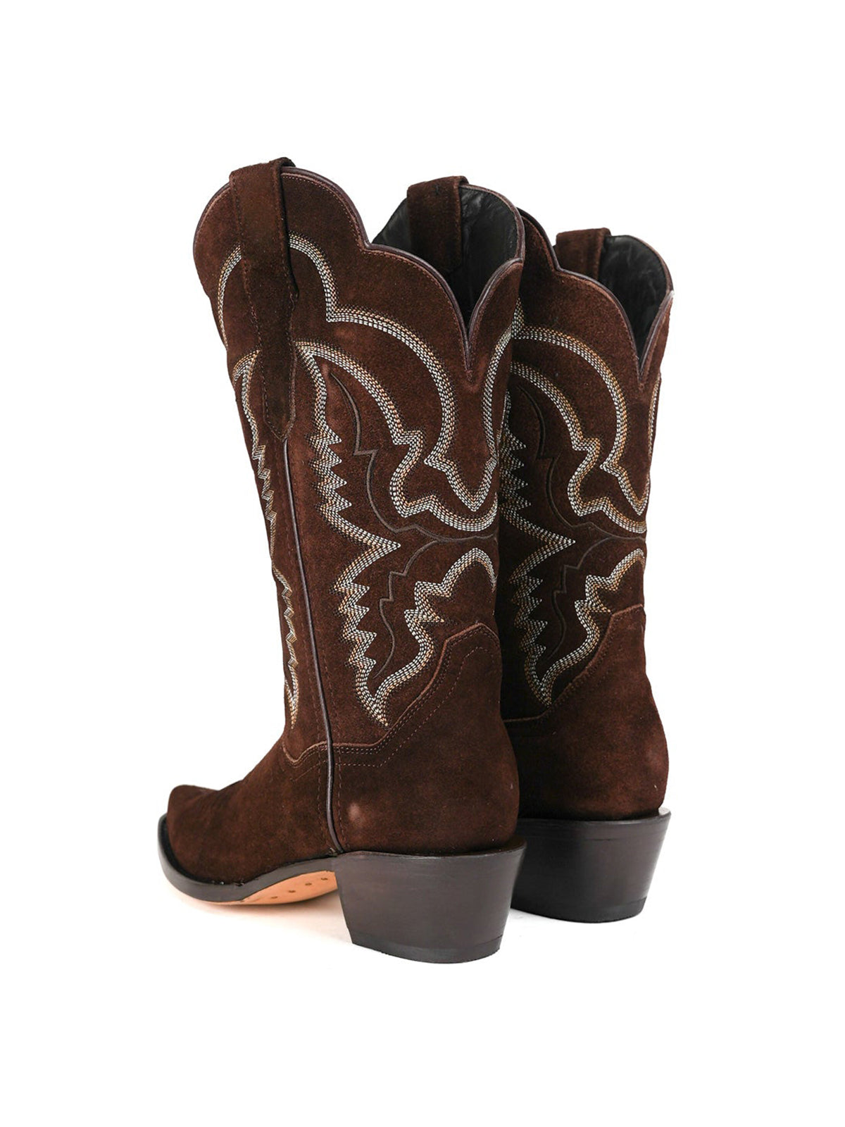 Western Snip-Toe Embroidery Mid Calf Cowgirl Boots - Brown Faux Suede