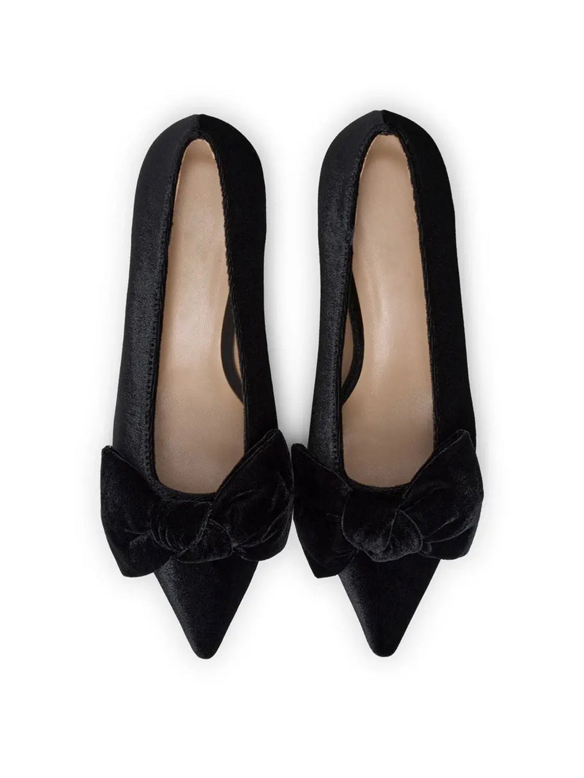 Black Velvet Pointed-Toe Front Oversized Bow Slip-On Kitten Heels
