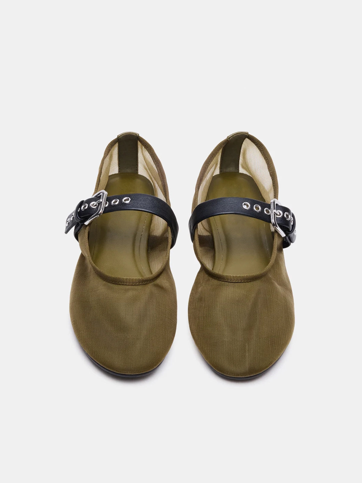 Olive Green Mesh Round-Toe Bridge Buckle Strap Ballet Flats