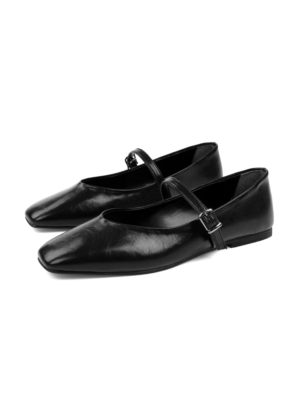 Black Square-Toe Buckle Bridge Strap Stylish Ballet Flats