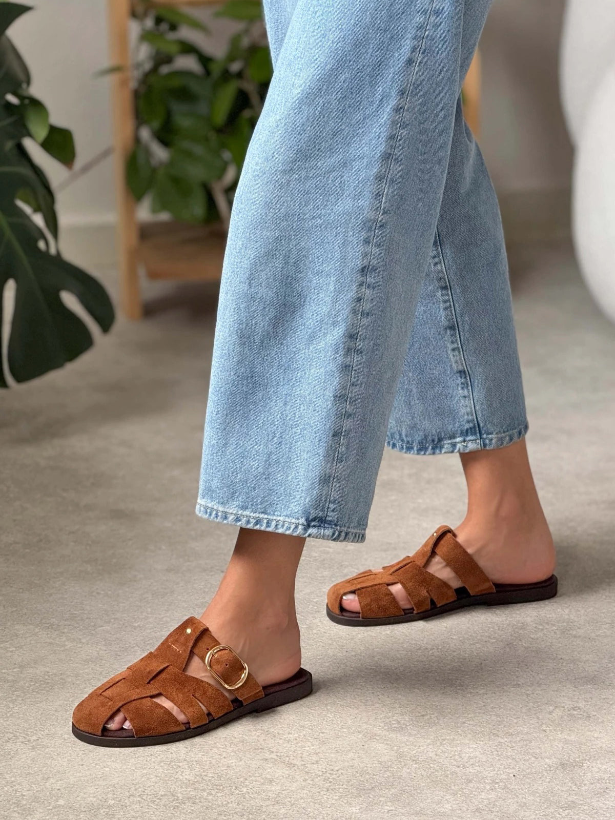 Brown Cow Suede Round-Toe Caged Detail Backless Flats