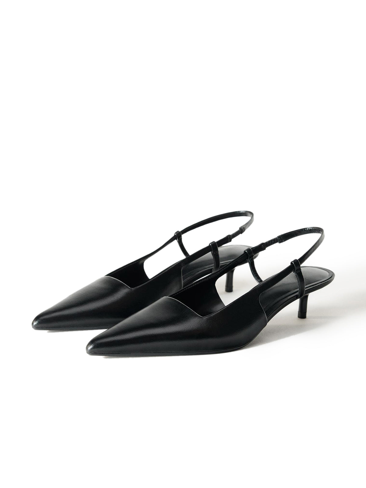 Black Pointed-Toe Back Strap With Elastic Piece Kitten Heels