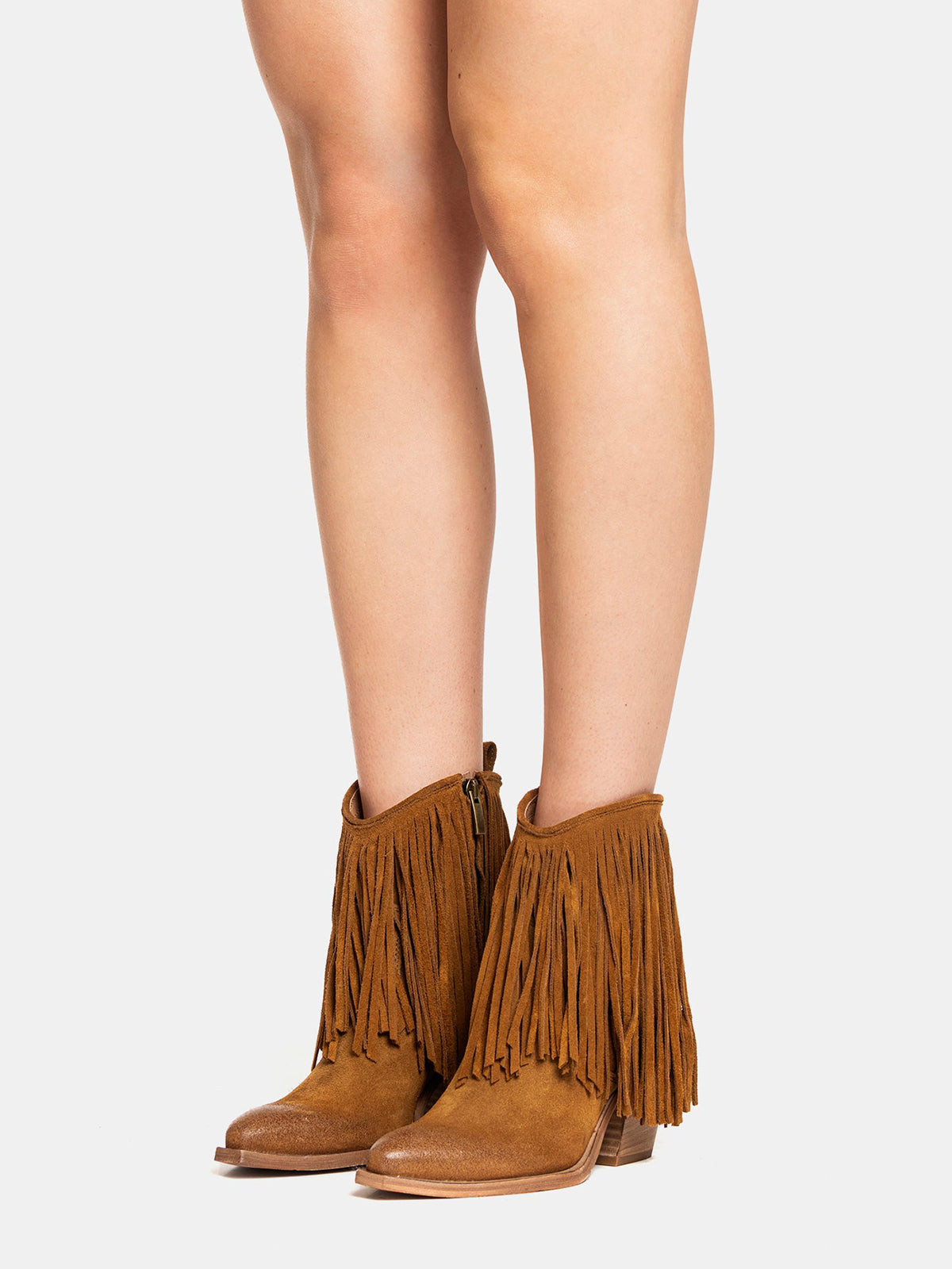 Brown Faux Suede Snip-Toe Fringe Full-Zip Ankle Cowgirl Boots