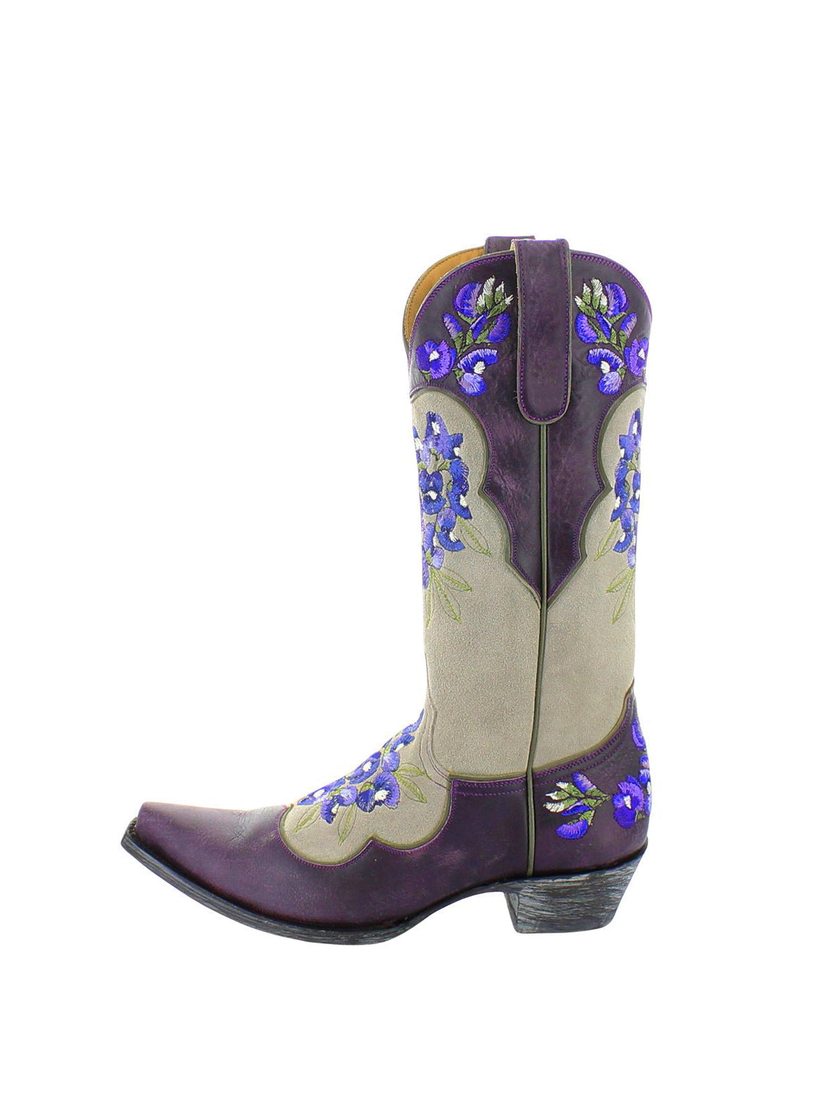 Contrast Beige And Purple Snip-Toe Blue Flowers Embroidery Mid Calf Cowgirl Boots
