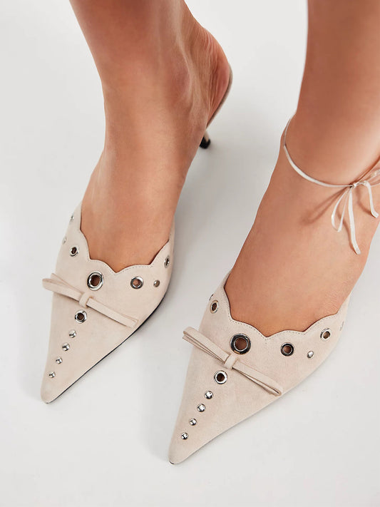 Ivory Faux Suede Pointed-Toe Front Knot And Studs And Eyelets Kitten Heels