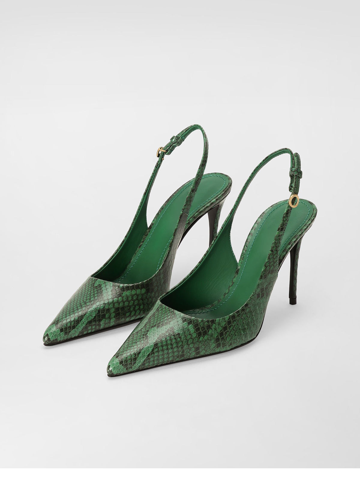 Green Snakeskin Print Pointed-Toe Buckle Slingback High Heels Pumps