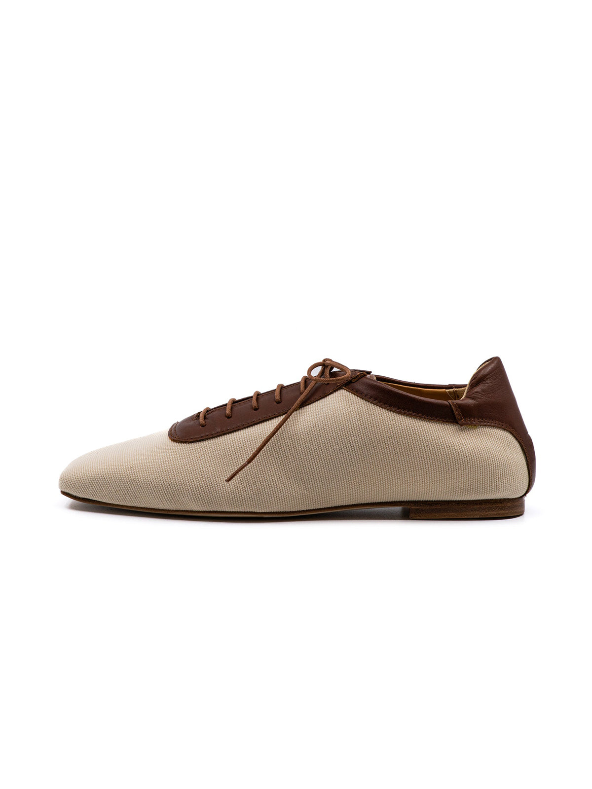 Beige Canvas And Camel Vegan Leather Square-Toe Lace-Up Flats