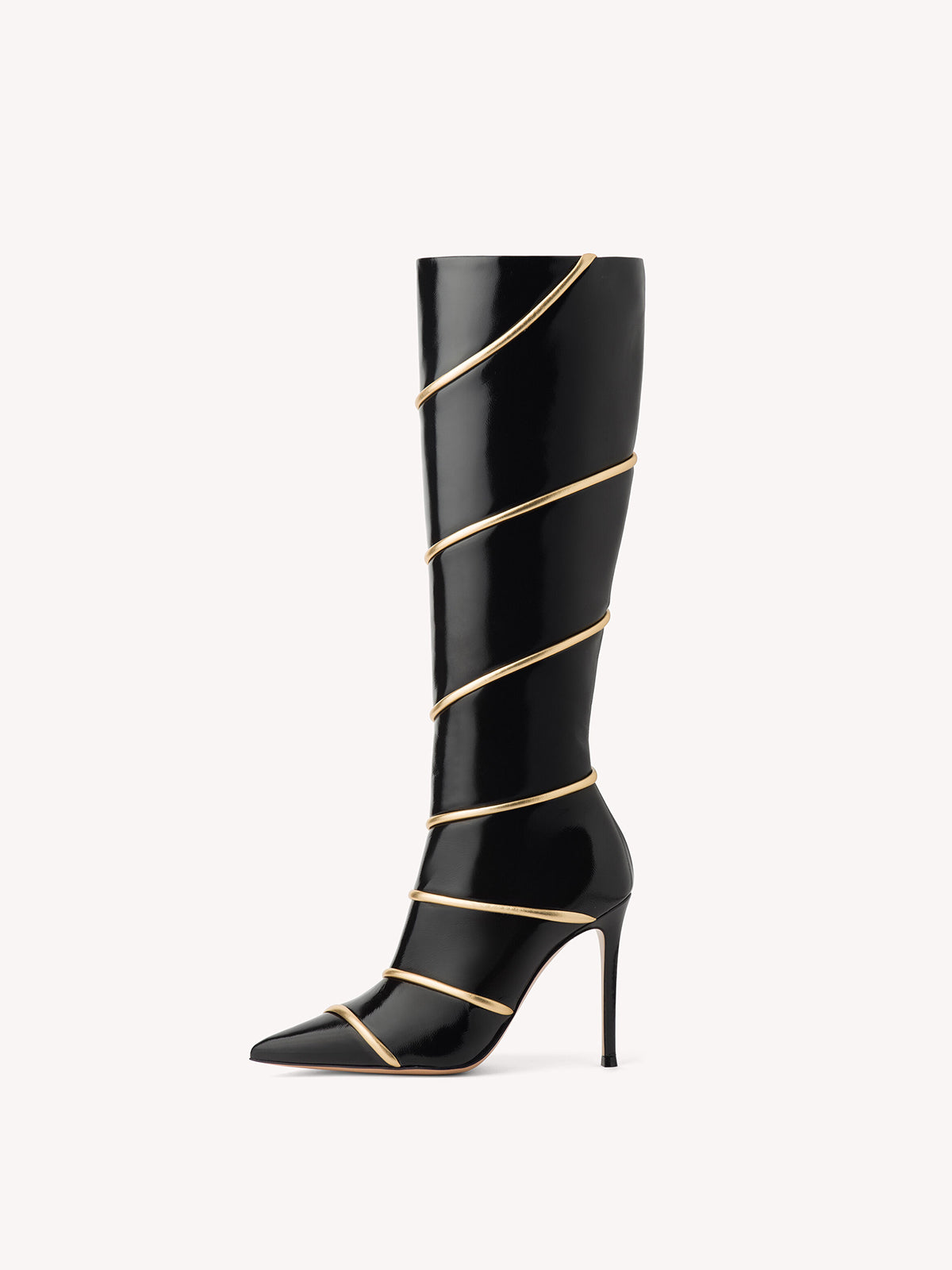 Patent Black Pointed-Toe Full-Zip Knee High Stiletto Boots With Metallic Gold Piping Spiral