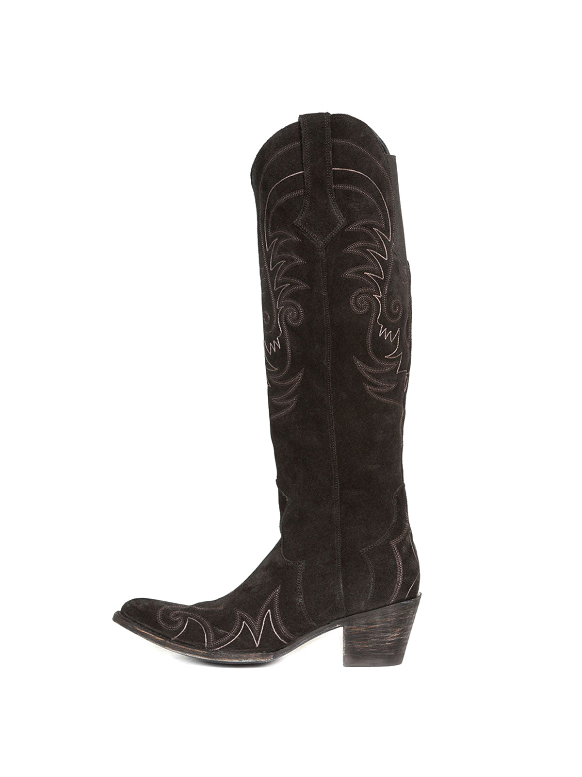 Side-Zip Pointed-Toe Chic Embroidery Wide Calf Knee High Cowgirl Boots - Black
