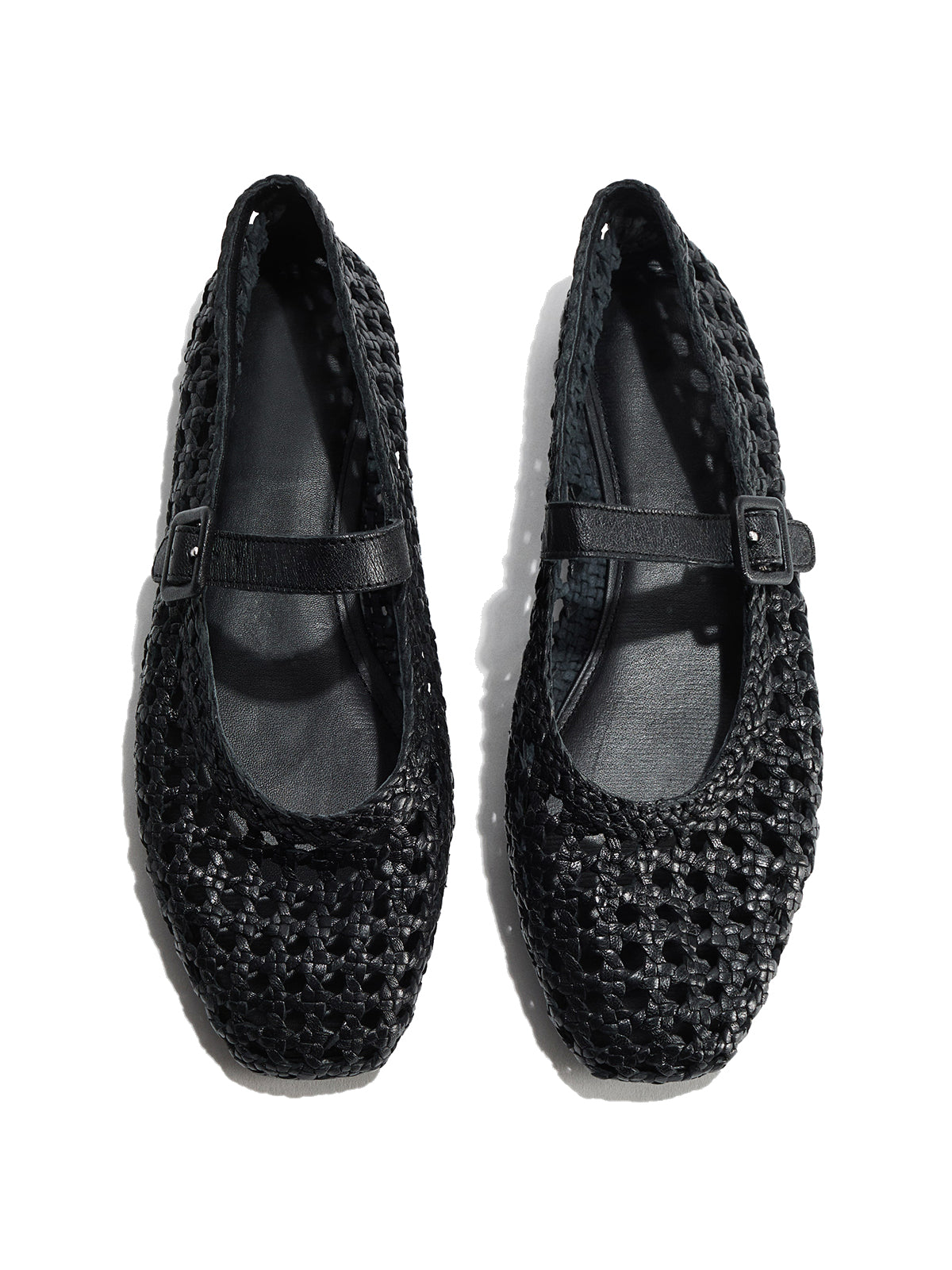 Black Vegan Leather Woven Square-Toe Mary Jane Ballet Flats