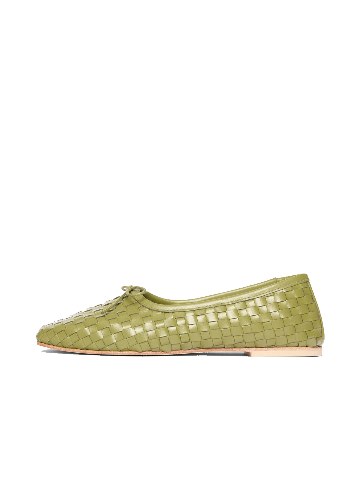Vegan Leather Woven Square-Toe Bow Ballet Flats - Moss Green