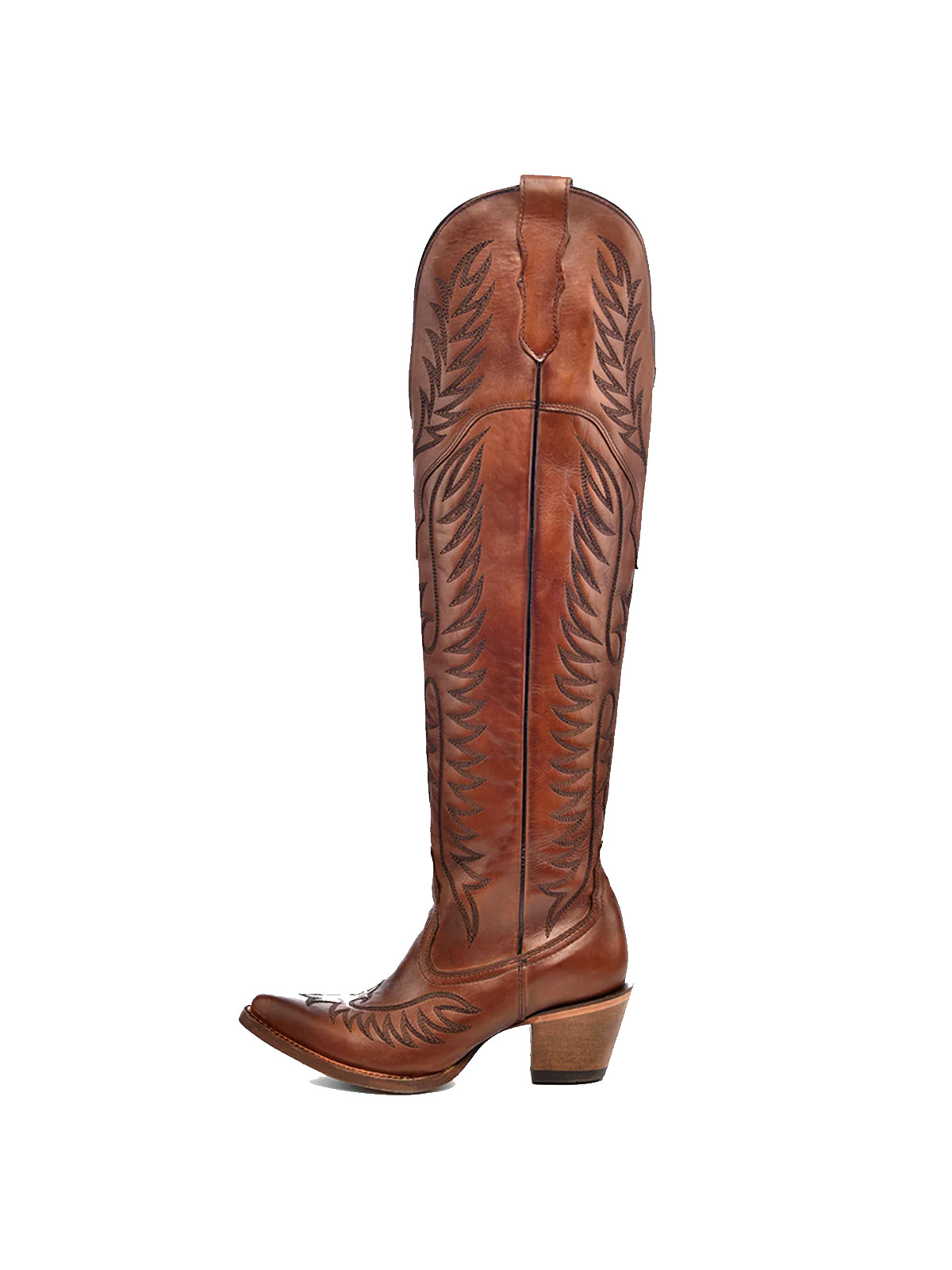 Almond-Toe Classic Embroidery Half-Zip Over-The-Knee Cowgirl Boots - Cognac