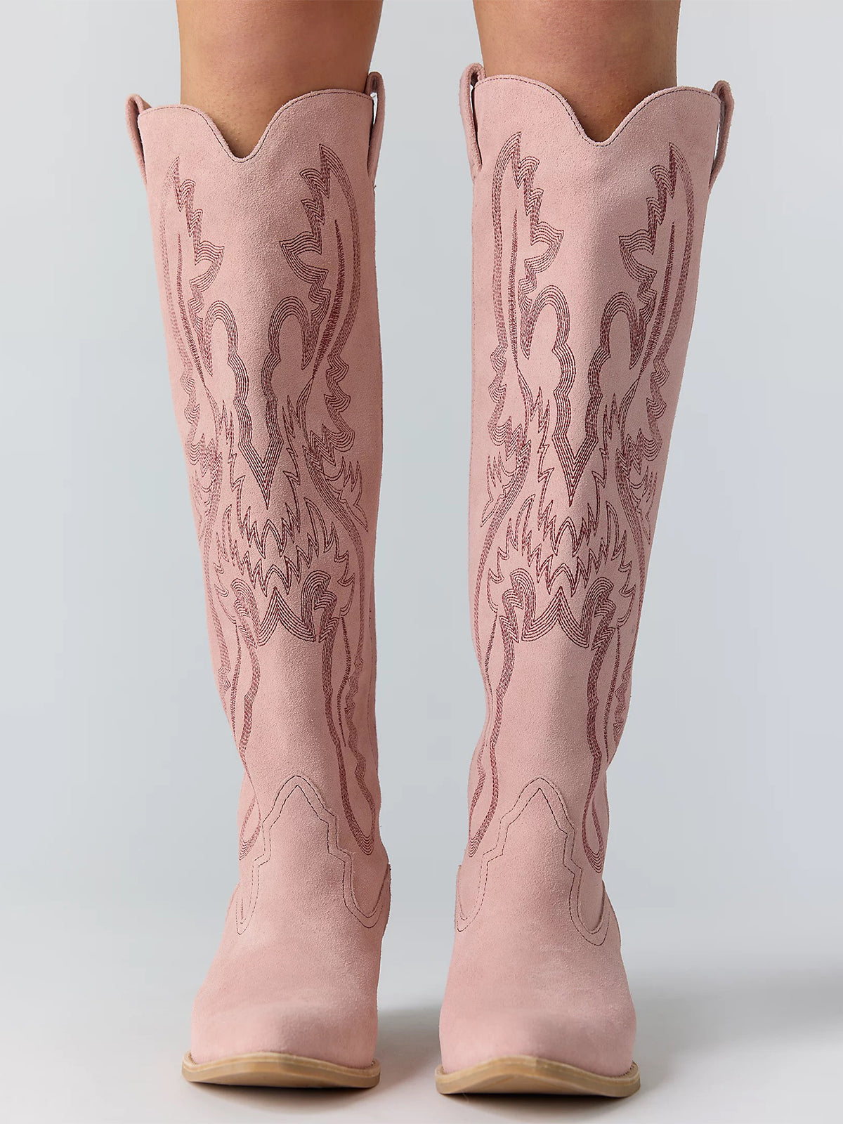 Light Pink Faux Suede Embroidery Pointed-Toe Tall Wide Calf Western Boots For Women