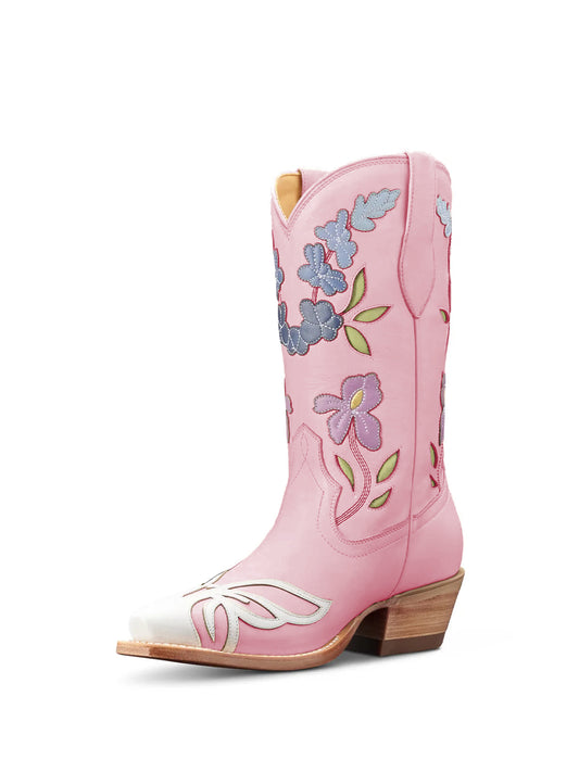Light Pink Snip-Toe Flower Applique Mid Calf Pull On Cowgirl Boots