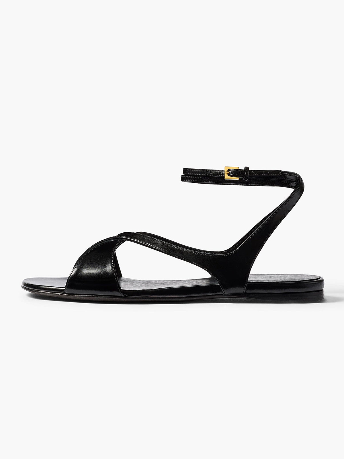 Black Square-Toe Crossed Straps Back And Ankle Strap Flats