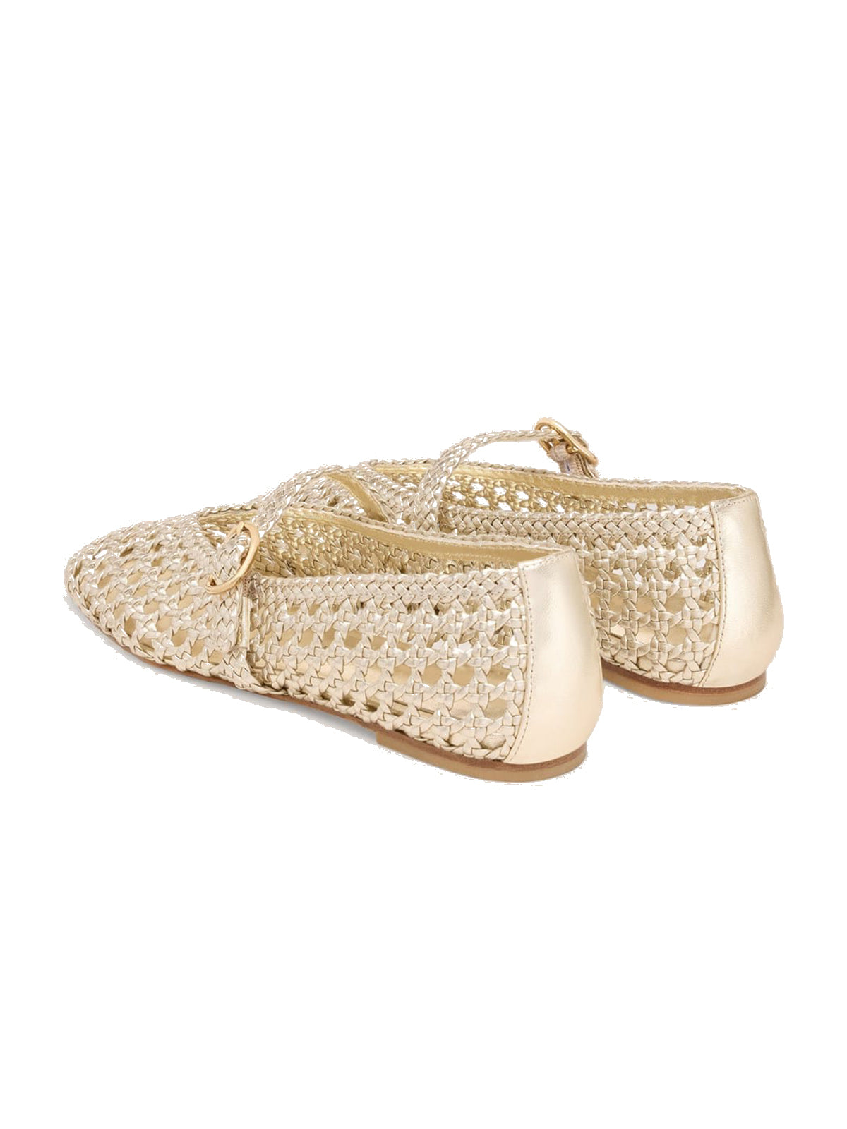 Metallic Gold Woven Vegan Leather Square-Toe Classic Buckle Bridge Strap Flats
