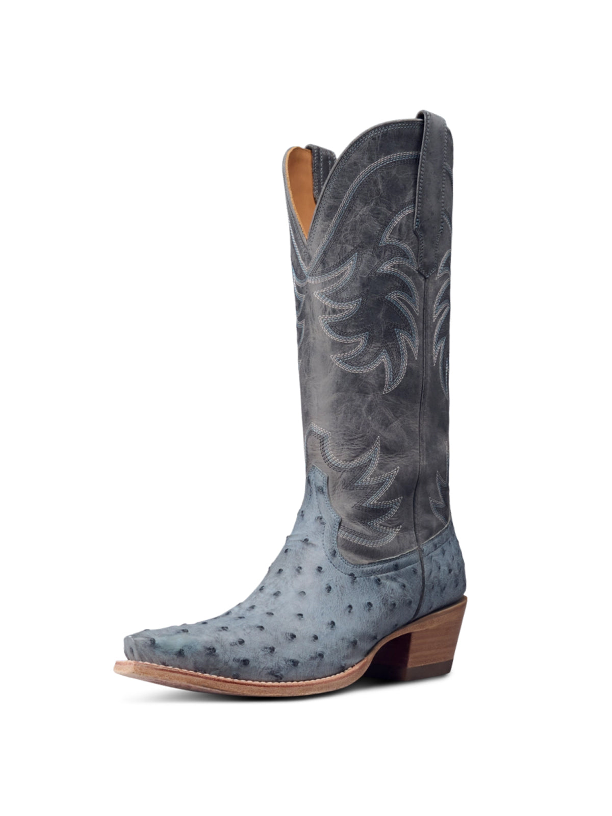 Contrast Dark Gray And Gray Blue Ostrich Pattern Snip-Toe Embroidery Mid Calf Cowgirl Boots