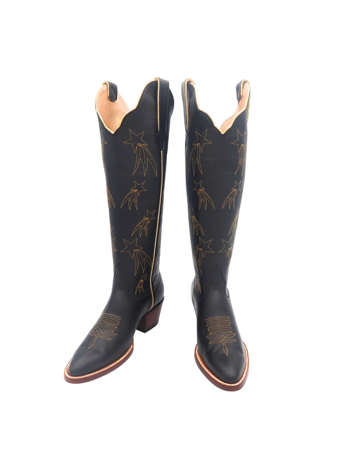 Black Almond-Toe Shooting Stars Embroidery Wide Calf Knee High Cowgirl Boots