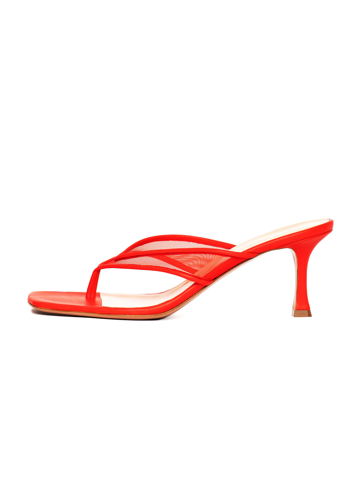 Red Vegan Leather And Mesh Square-Toe Flip-Flops Kitten Heels
