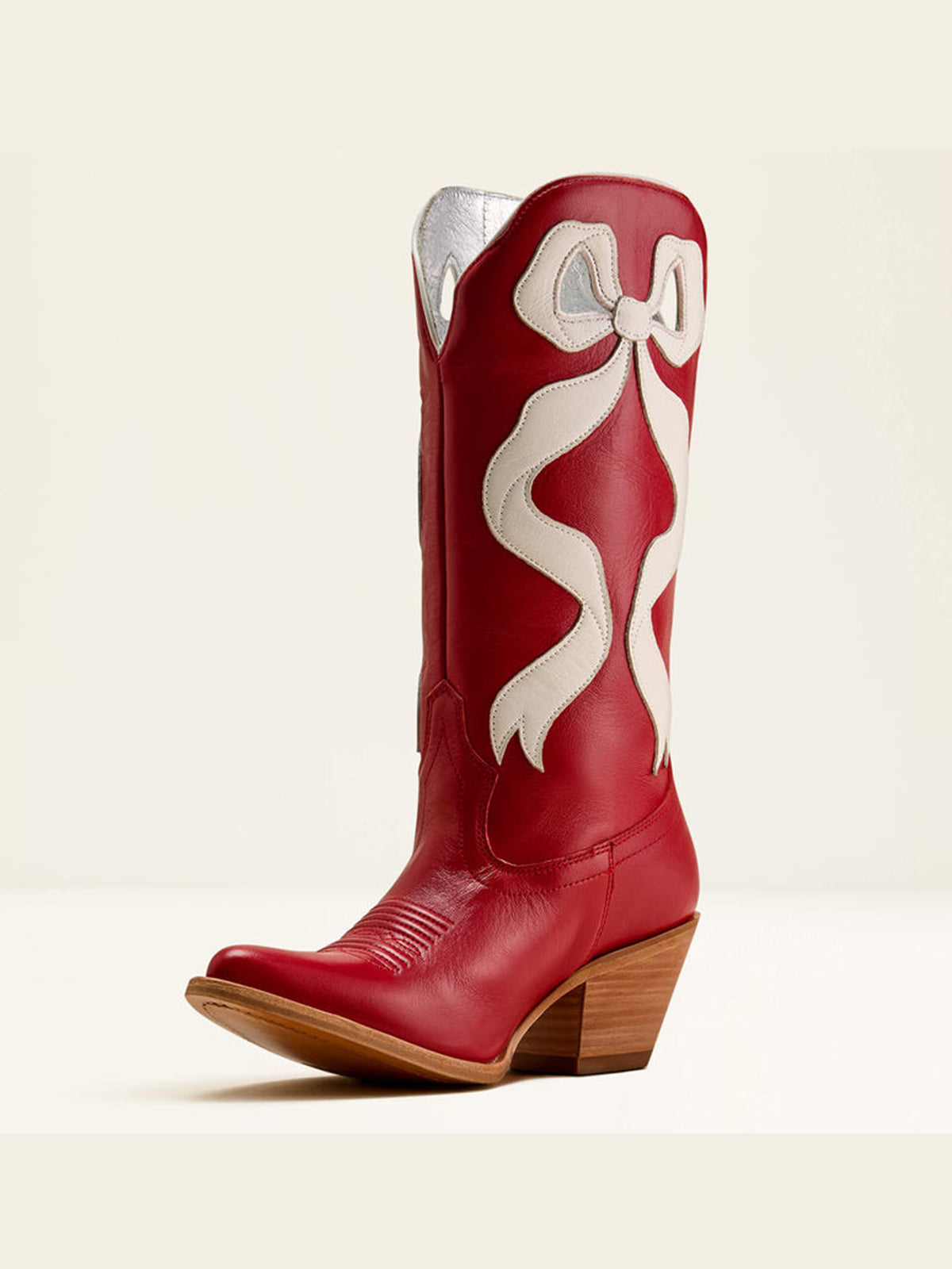 Red Almond-Toe Ivory Side Big Bow Applique Mid Calf Cowgirl Boots