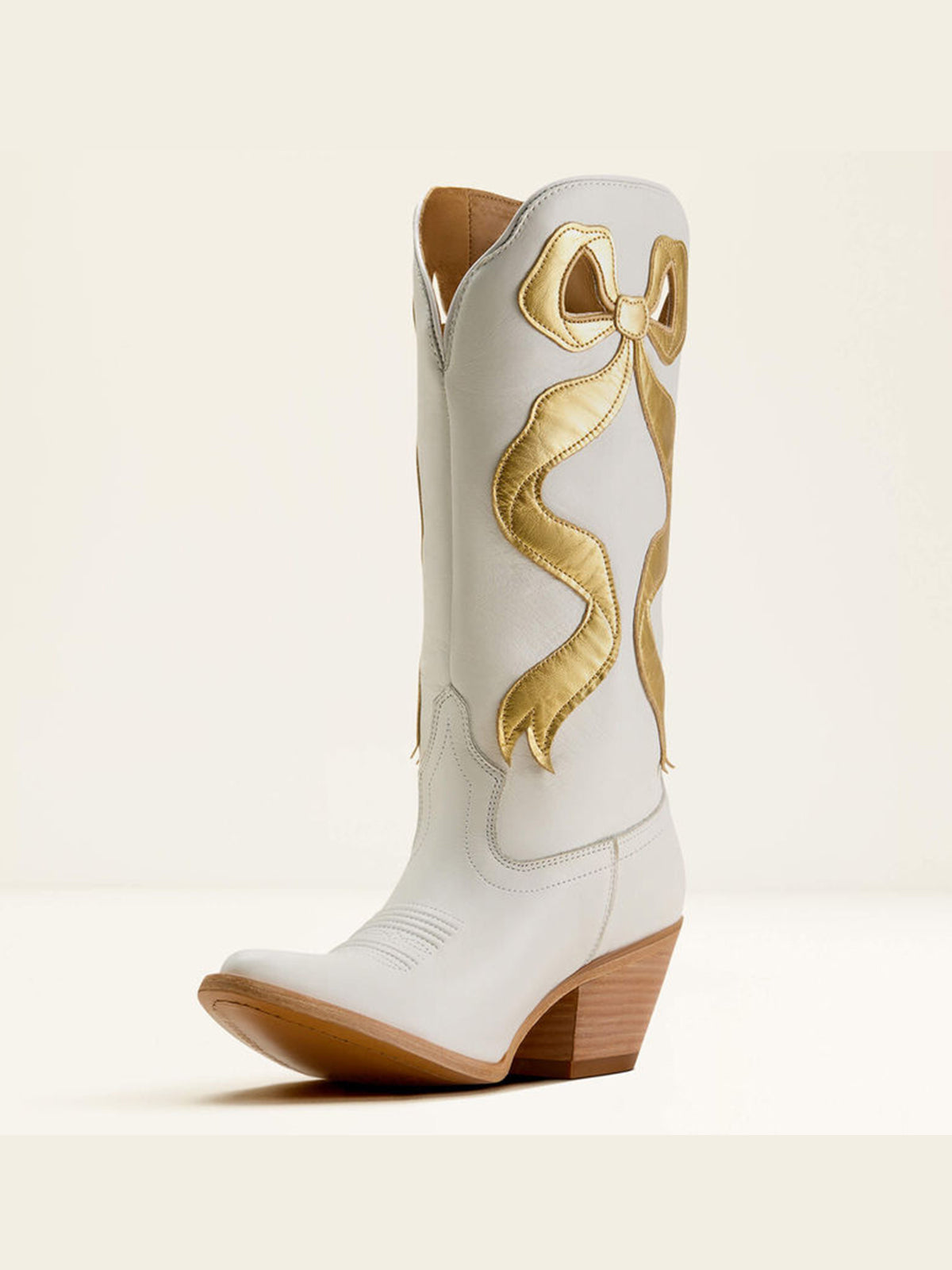 Ivory Almond-Toe Gold Side Big Bow Applique Mid Calf Cowgirl Boots