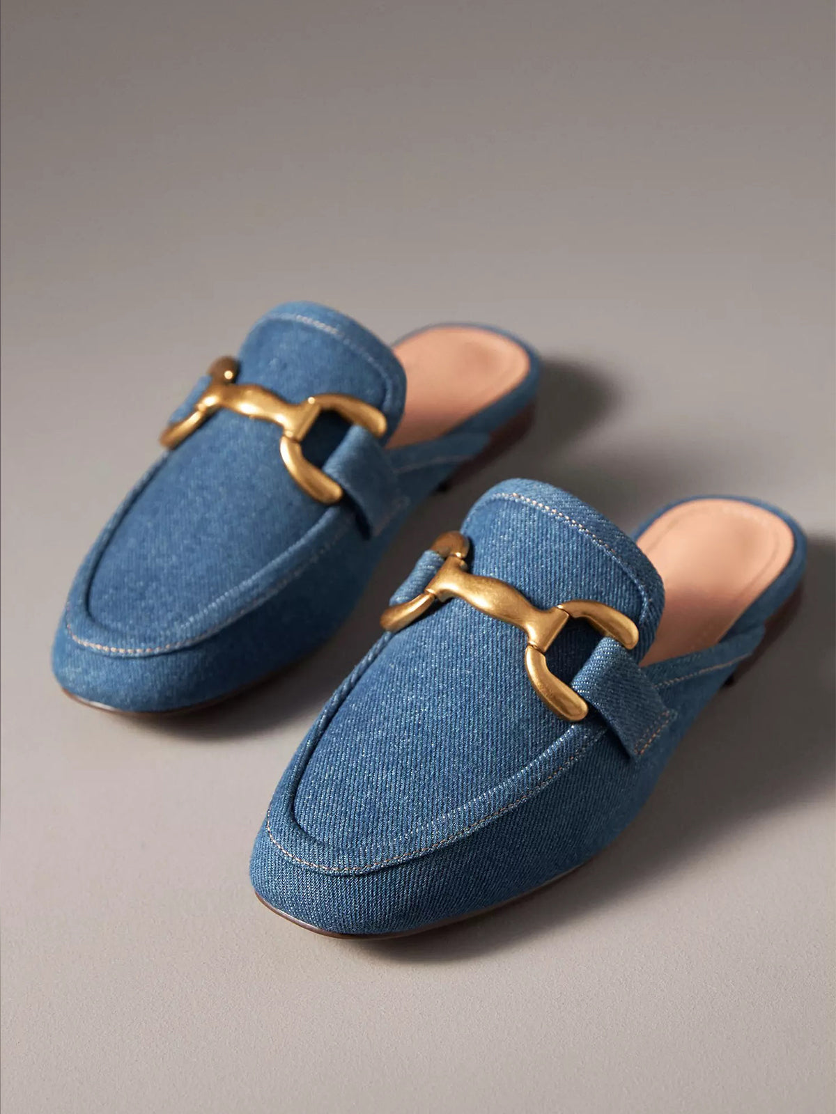 Blue Denim Square-Toe Slip-On Front Metal Detail Flats Loafers