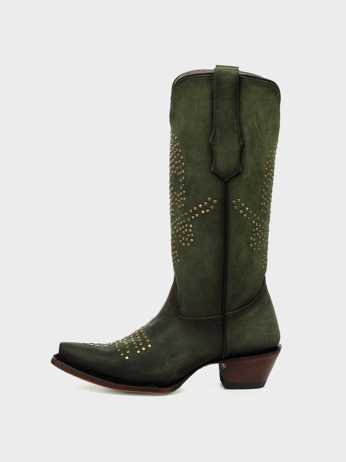 Green Snip-Toe Skull Design With Studs Mid Calf Cowgirl Boots