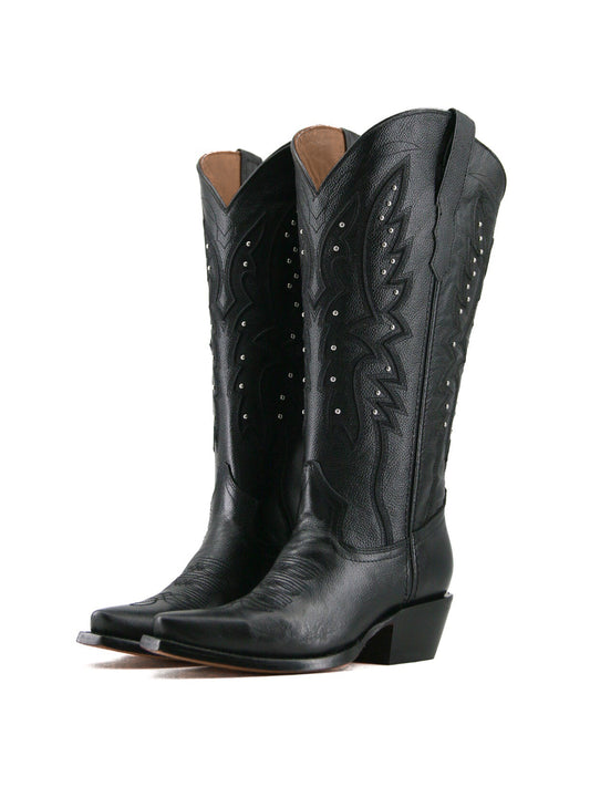 Western Snip-Toe Embroidery Half-Zip Knee High Cowgirl Boots - Classic Black