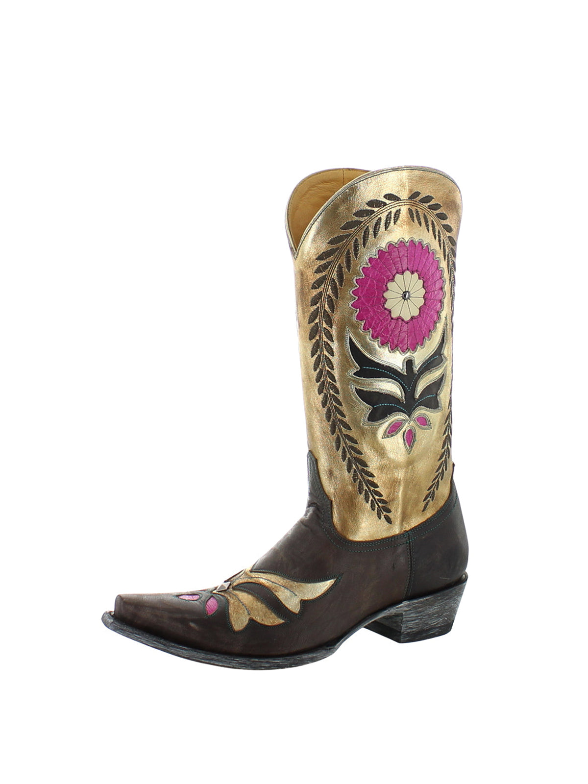 Contrast Gold And Chocolate Snip-Toe Sunflower Inlay Rice Ears Embroidery Mid Calf Cowgirl Boots