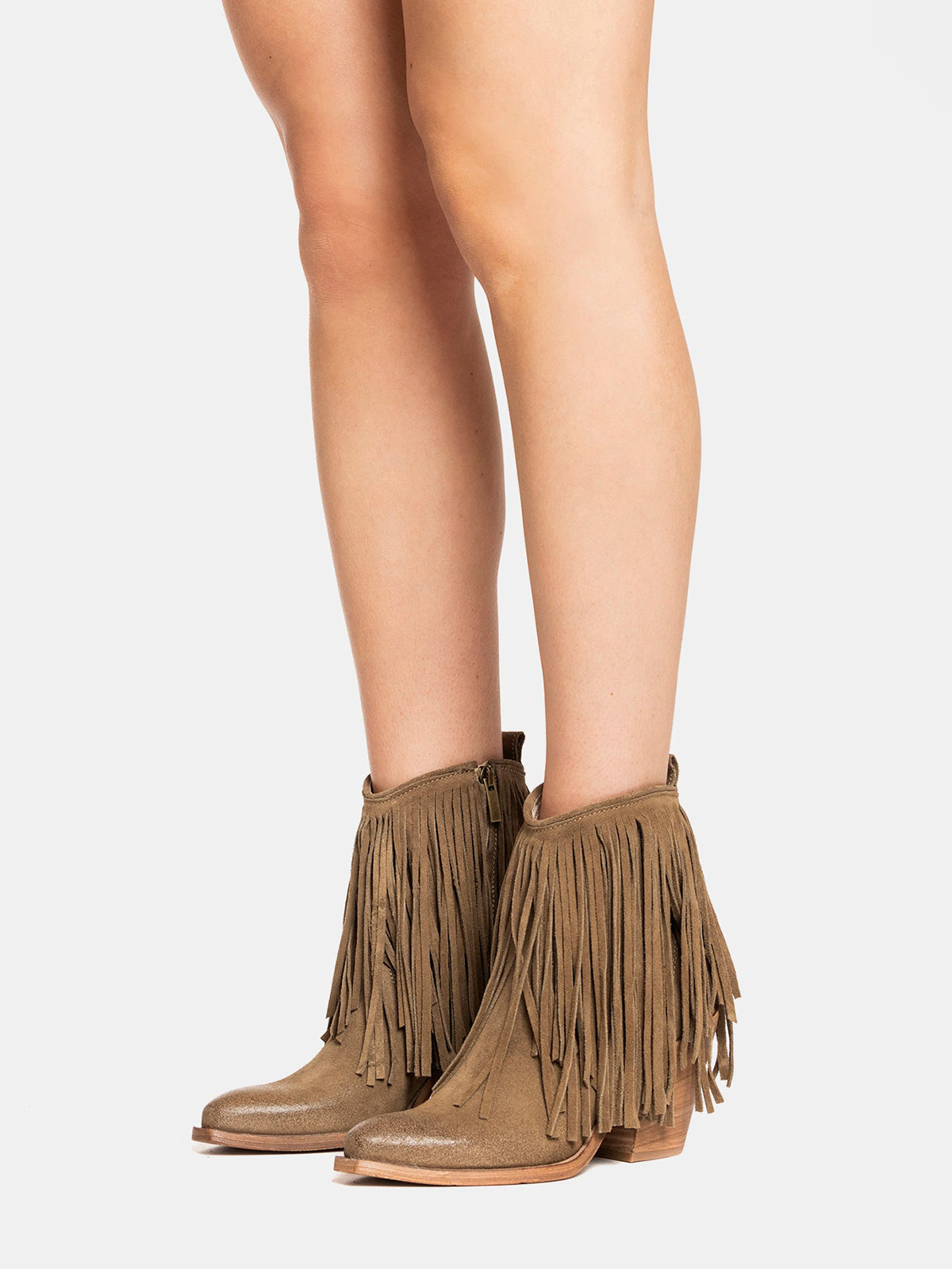Dove Gray Faux Suede Snip-Toe Fringe Full-Zip Ankle Cowgirl Boots