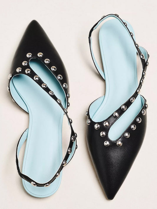 Black Pointed-Toe Studded Cutout Slingback Flats