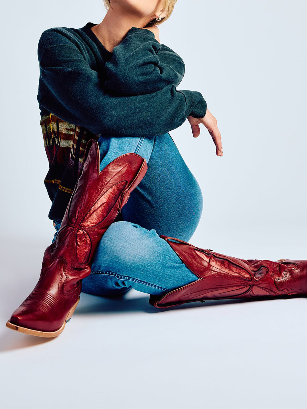 Red Snip-Toe Metallic Butterfly Inlay Wide Calf Knee High Cowgirl Boots