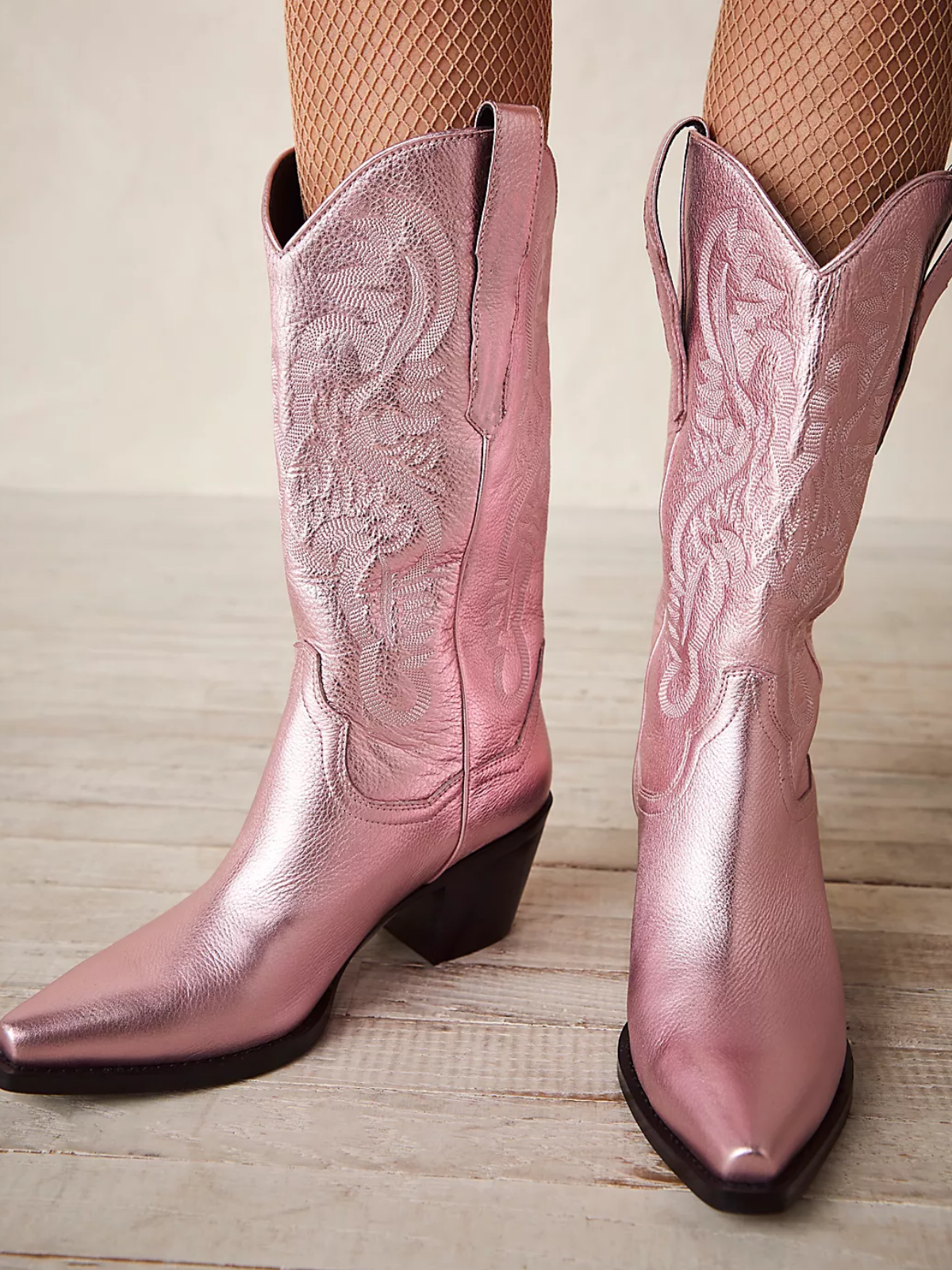 Metallic Light Pink Snip-Toe Western Embroidery Wide Mid Calf Tall Cowgirl Boots