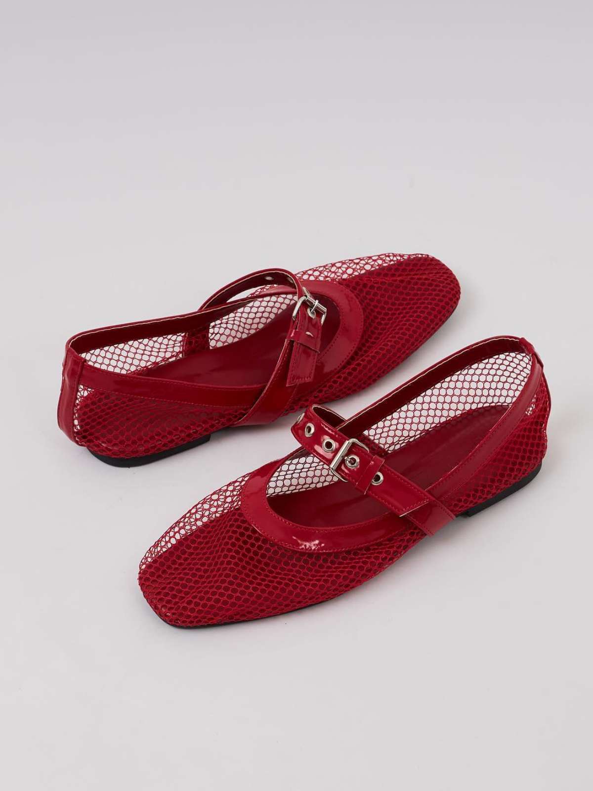 Red Fishnet Square Toe Ballet Flats Grommet Buckle Strap Mary Janes